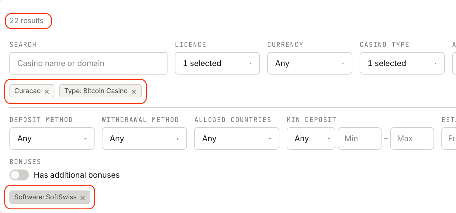 Filtering the casino catalogue