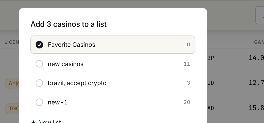 Adding selected casinos to a named list